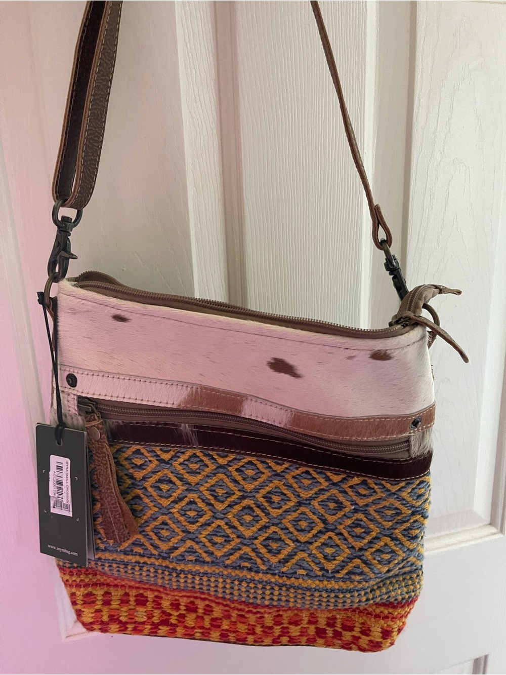 Myra Bag Multicolor Woven and Cowhide Crossbody with Brown Trim